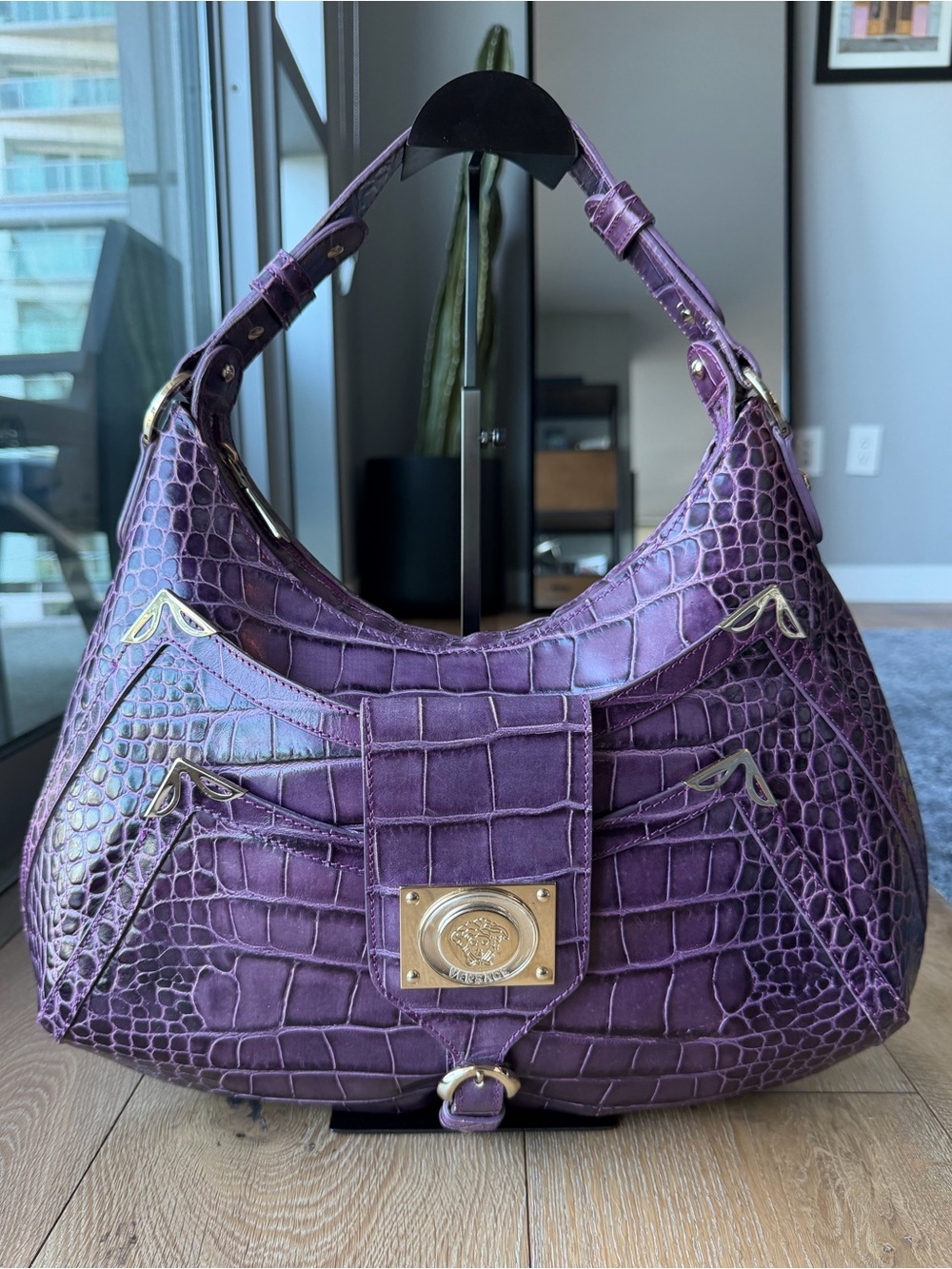 Versace Vintage Purple Croc Embossed Leather Medusa Hobo Shoulder Bag